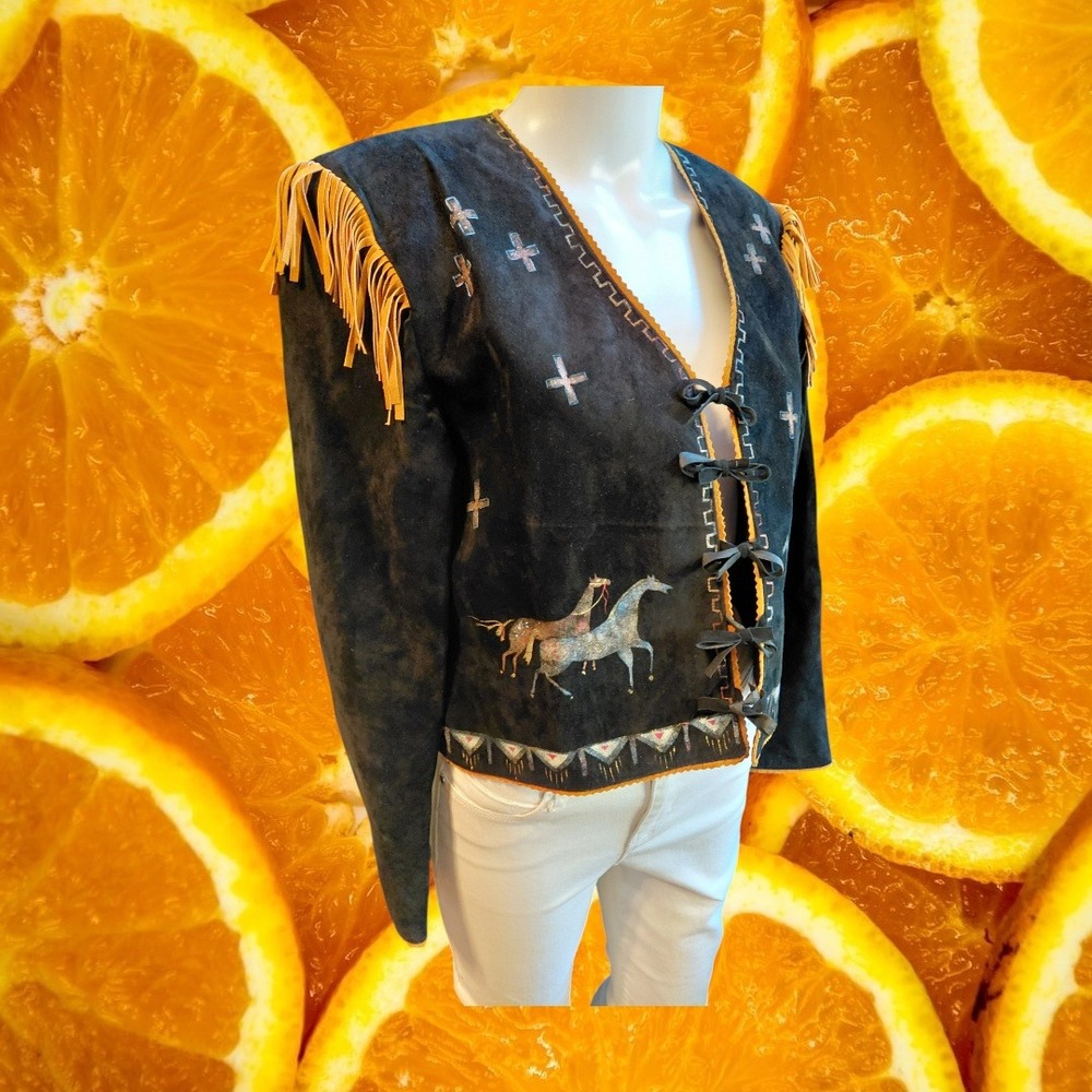 Patricia Wolf Black Suede Hand Painted Horse Fringe Western Jacket Womens Medium - Picture 2 of 15